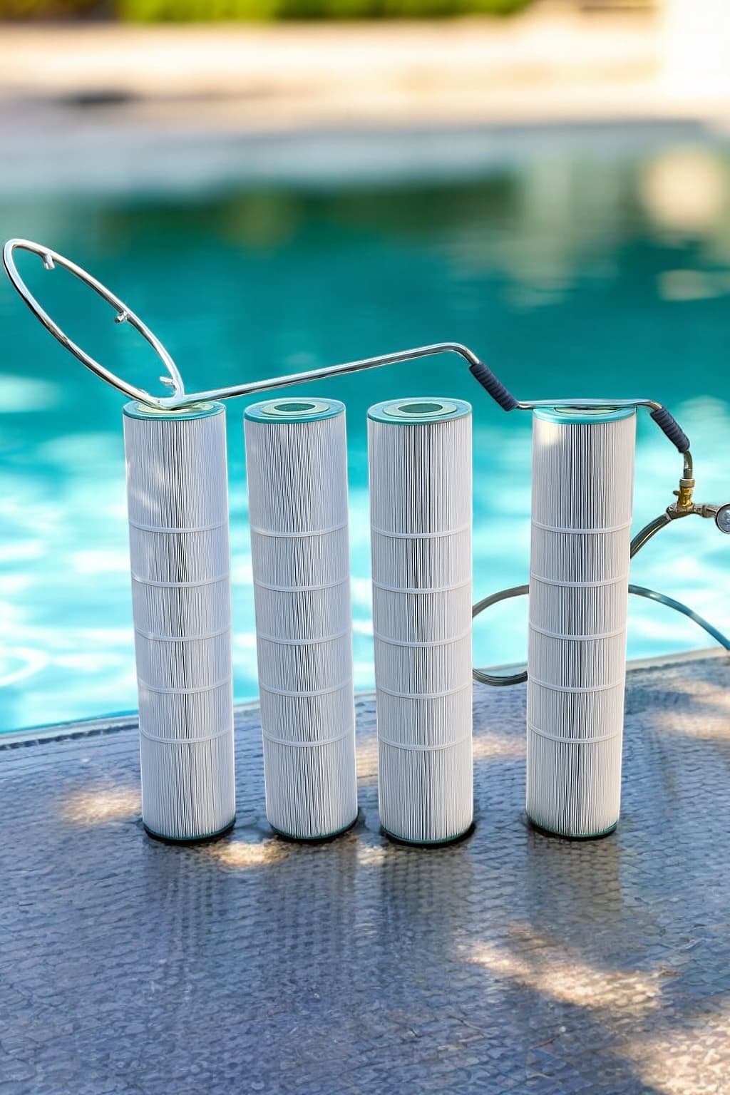 The Halo360 resting on cartridge filters beside a pool, connected to a garden hose with the ball valve and pressure gauge fitted
